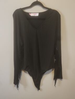 Black Long-Sleeve Fringe V-Neck Bodysuit